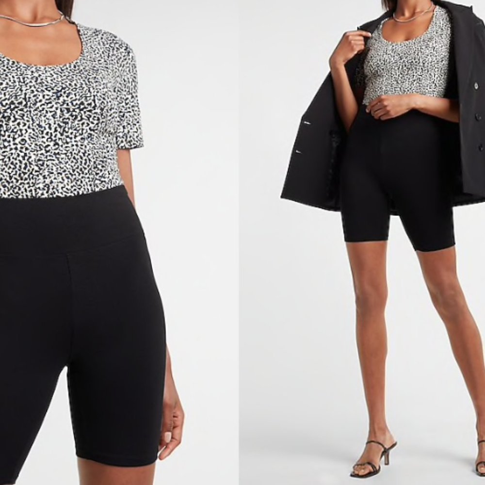 Express Body Contour Double Layer Leopard Scoop Neck Thong Bodysuit - Size M